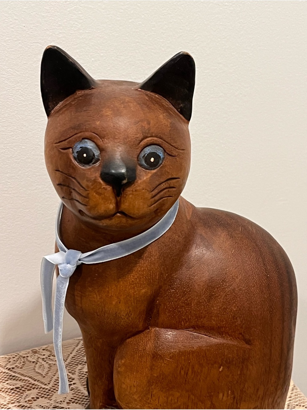 Cat Figurine wooden chocolate brown blue eyes with Light Blue Ribbon